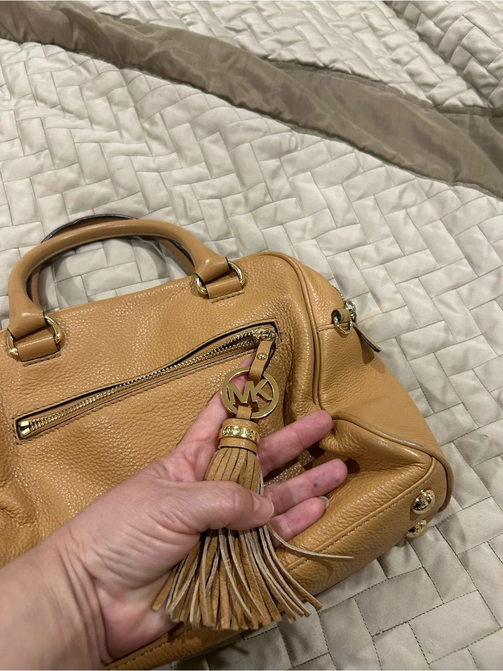 Michael Kors Tan Pebbled Leather Satchel with Gold Hardware